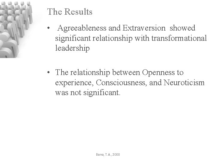 The Results • Agreeableness and Extraversion showed significant relationship with transformational leadership • The
