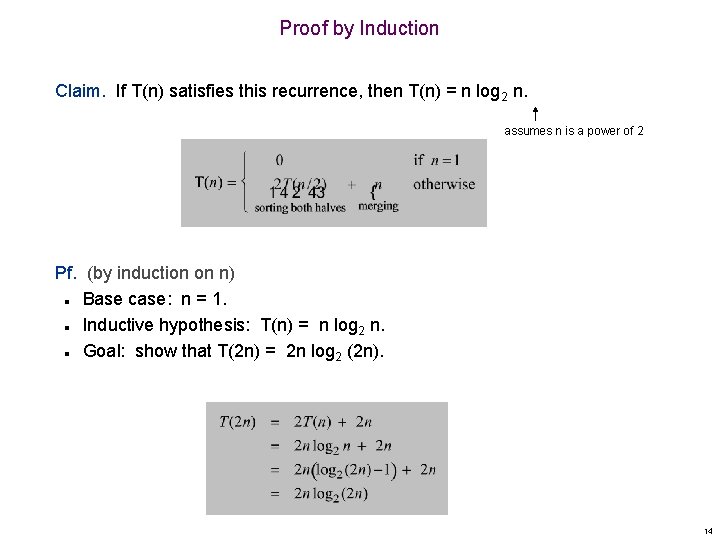 Proof by Induction Claim. If T(n) satisfies this recurrence, then T(n) = n log