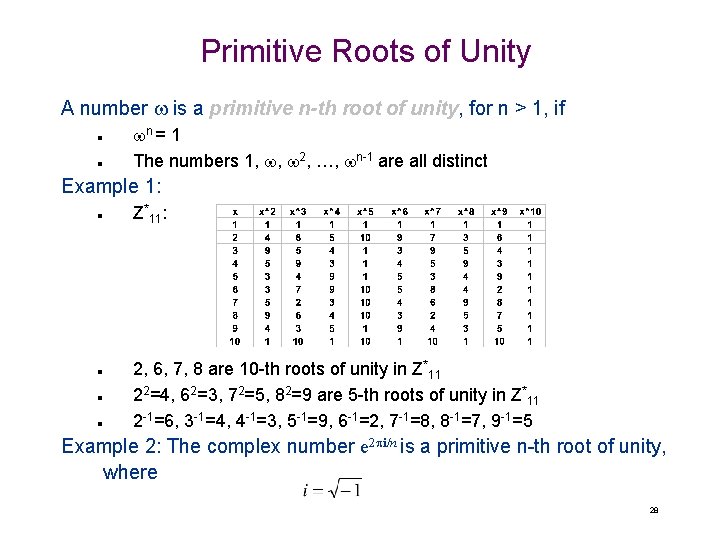 Primitive Roots of Unity A number w is a primitive n-th root of unity,