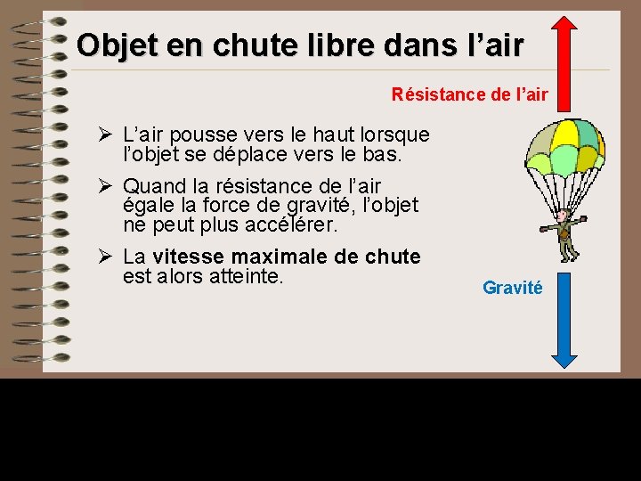 Objet en chute libre dans l’air Résistance de l’air Ø L’air pousse vers le