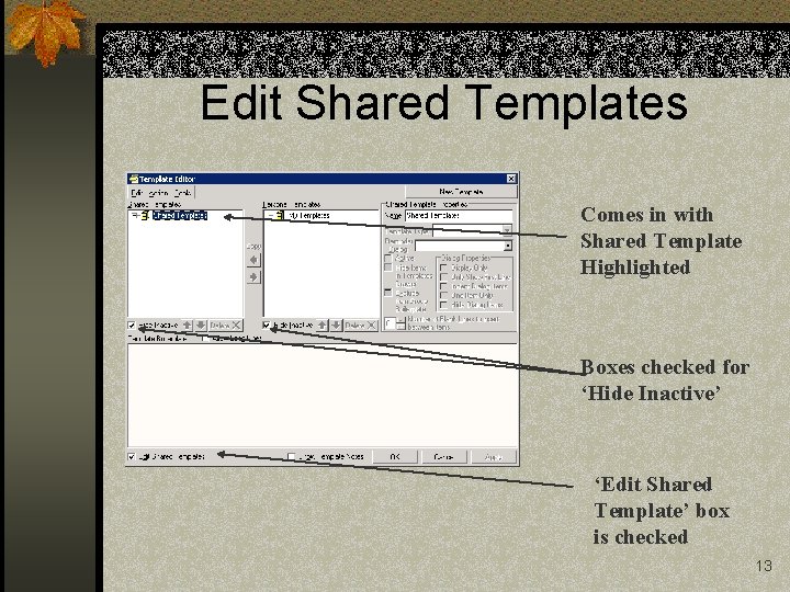 Edit Shared Templates Comes in with Shared Template Highlighted Boxes checked for ‘Hide Inactive’