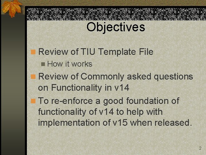 Objectives n Review of TIU Template File n How it works n Review of