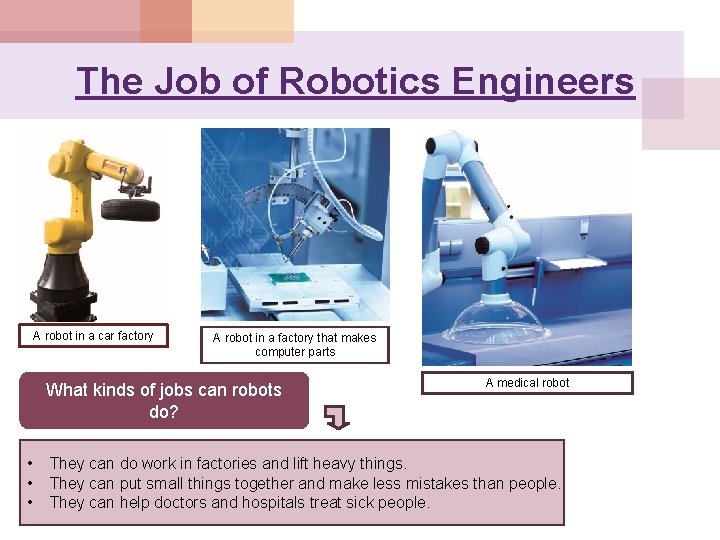 The Job of Robotics Engineers A robot in a car factory A robot in