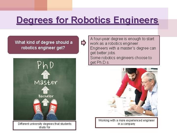 Degrees for Robotics Engineers What kind of degree should a robotics engineer get? Different