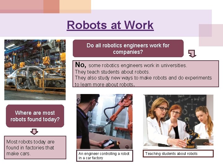 Robots at Work Do all robotics engineers work for companies? No, some robotics engineers