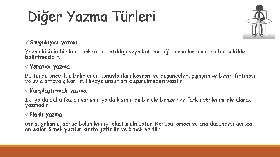 Diğer Yazma Türleri üSorgulayıcı yazma Yazan kişinin bir konu hakkında katıldığı veya katılmadığı durumları