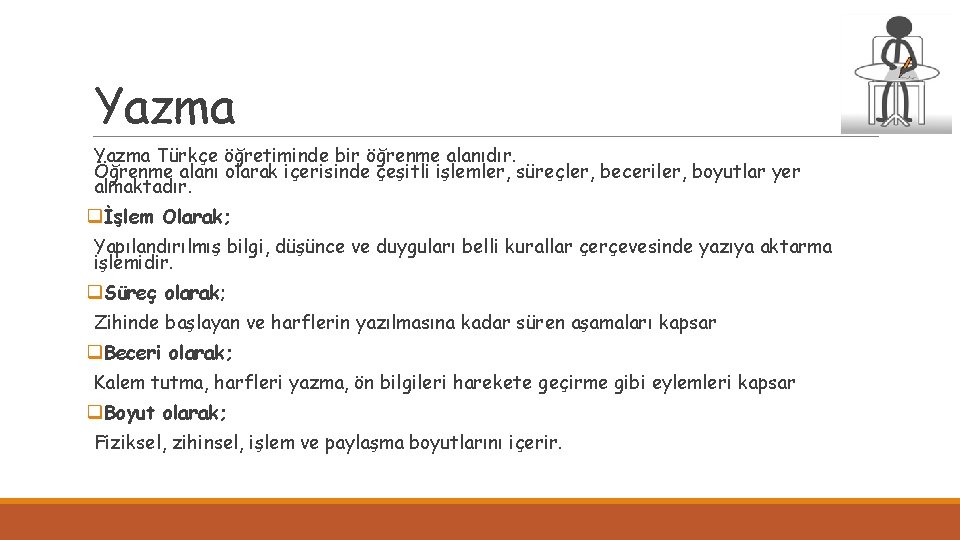 Yazma Türkçe öğretiminde bir öğrenme alanıdır. Öğrenme alanı olarak içerisinde çeşitli işlemler, süreçler, beceriler,