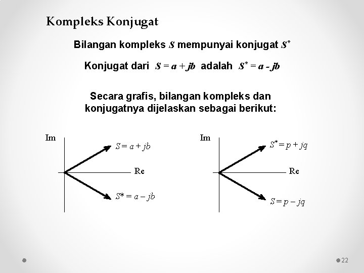 Kompleks Konjugat Bilangan kompleks S mempunyai konjugat S* Konjugat dari S = a +