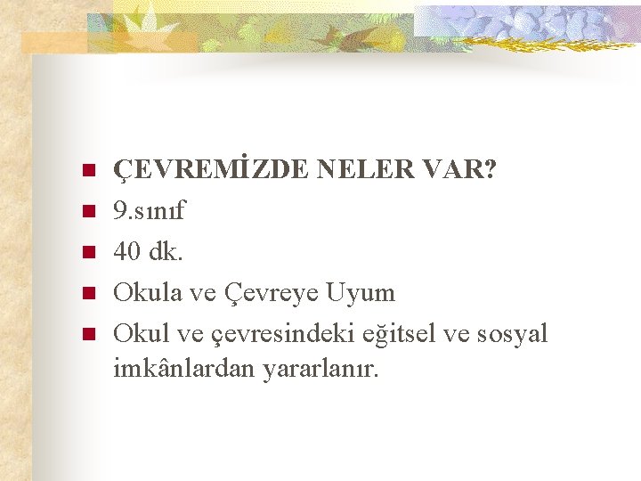 n n n ÇEVREMİZDE NELER VAR? 9. sınıf 40 dk. Okula ve Çevreye Uyum