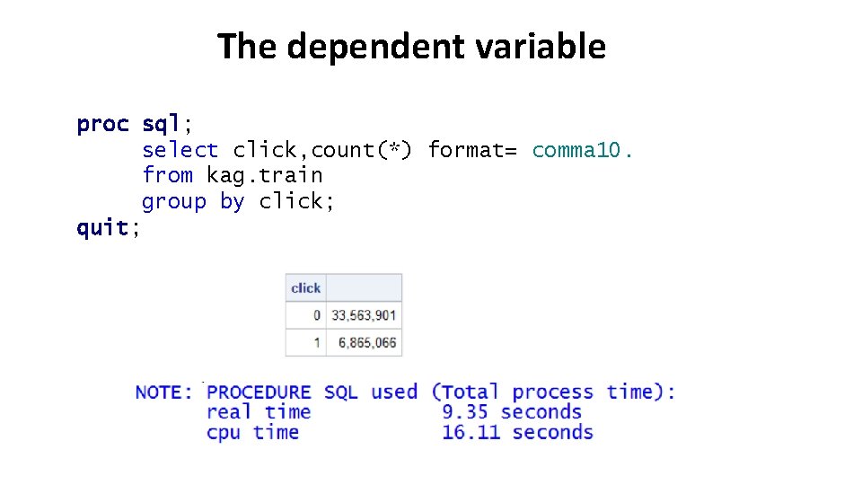 The dependent variable proc sql; select click, count(*) format= comma 10. from kag. train