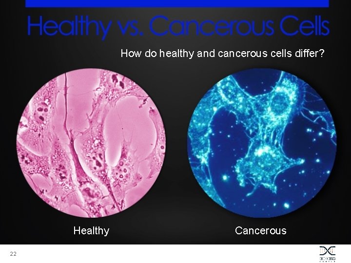 How do healthy and cancerous cells differ? Healthy 22 Cancerous 