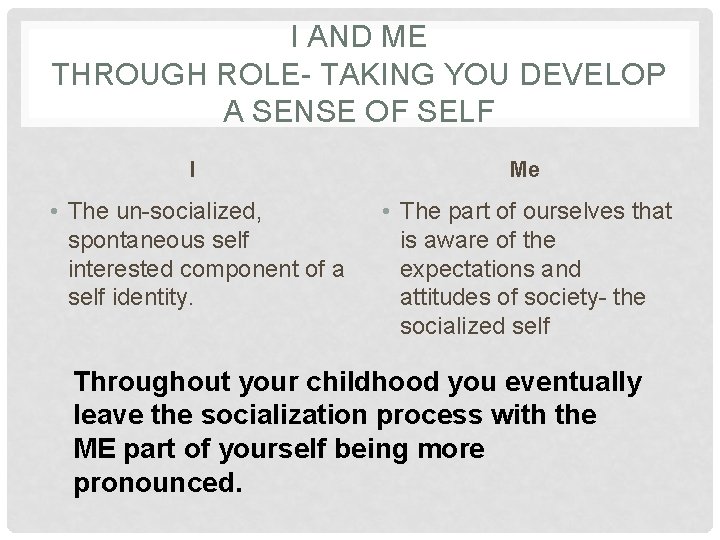 I AND ME THROUGH ROLE- TAKING YOU DEVELOP A SENSE OF SELF I Me