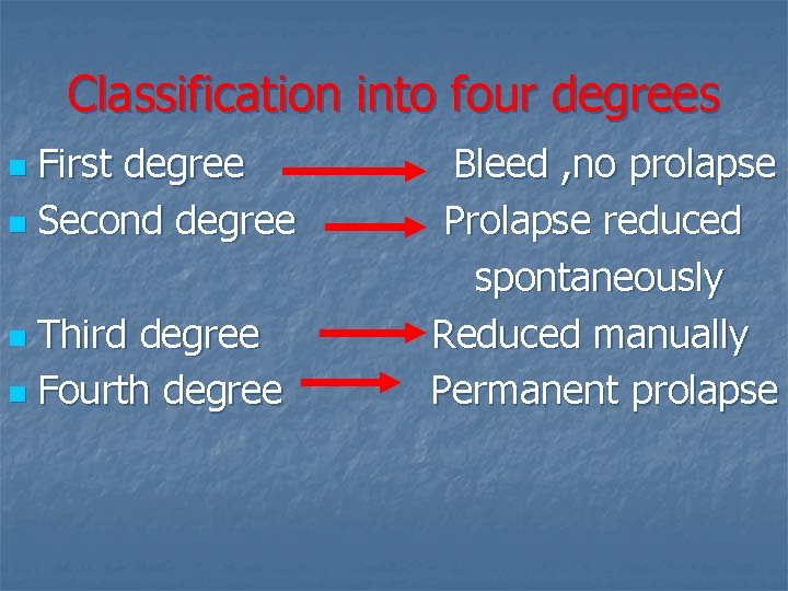 Classification into four degrees First degree n Second degree n Third degree n Fourth
