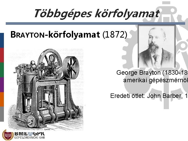 Többgépes körfolyamat BRAYTON-körfolyamat (1872) George Brayton (1830 -189 amerikai gépészmérnök Eredeti ötlet: John Barber,