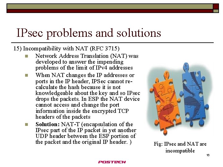 IPsec problems and solutions 15) Incompatibility with NAT (RFC 3715) n Network Address Translation