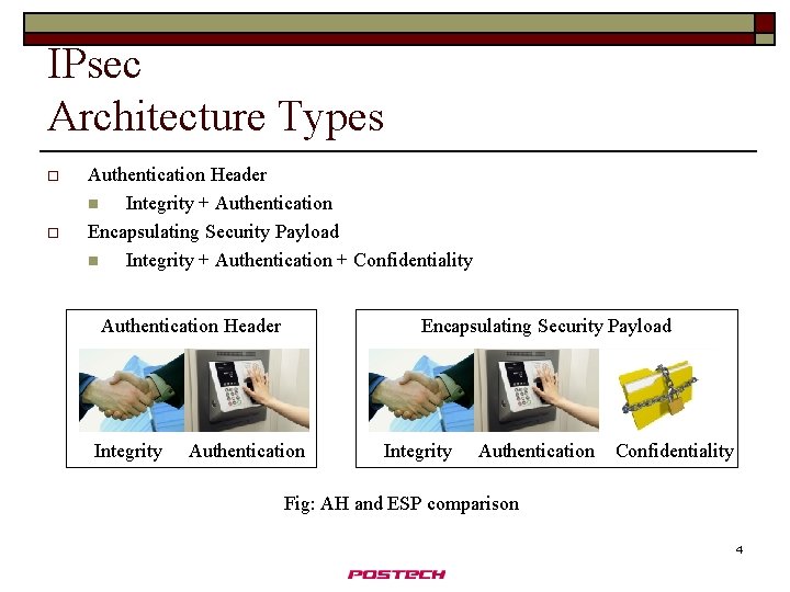 IPsec Architecture Types o o Authentication Header n Integrity + Authentication Encapsulating Security Payload