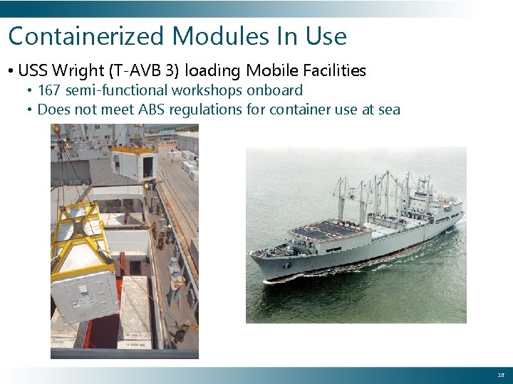 Containerized Modules In Use • USS Wright (T-AVB 3) loading Mobile Facilities • 167