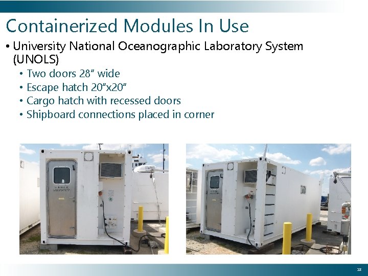 Containerized Modules In Use • University National Oceanographic Laboratory System (UNOLS) • Two doors