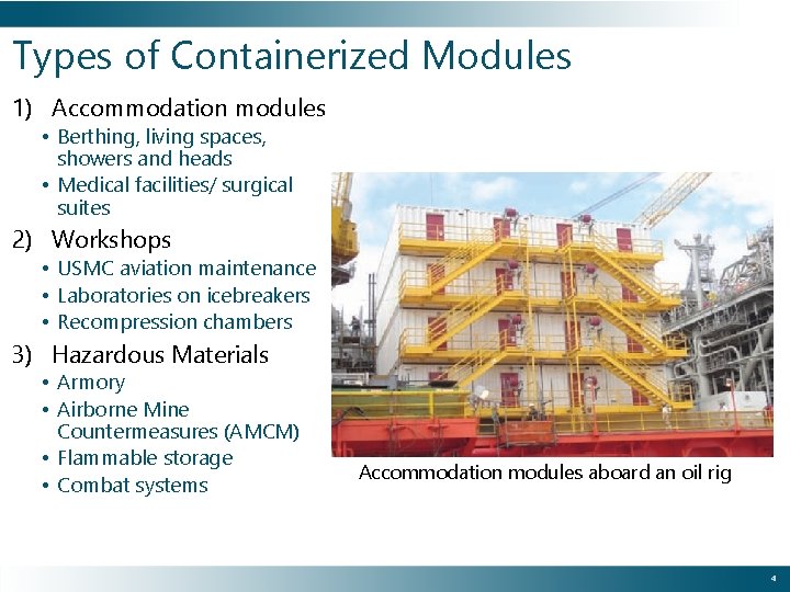 Types of Containerized Modules 1) Accommodation modules • Berthing, living spaces, showers and heads