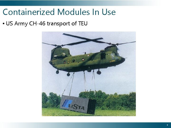 Containerized Modules In Use • US Army CH-46 transport of TEU 9 