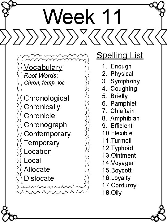 Week 11 Spelling List Vocabulary Root Words: Chron, temp, loc Chronological Chronically Chronicle Chronograph