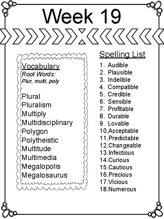 Week 19 Spelling List Vocabulary Root Words: Plur, multi, poly Pluralism Multiply Multidisciplinary Polygon