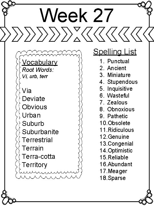 Week 27 Spelling List Vocabulary Root Words: Vi, urb, terr Via Deviate Obvious Urban