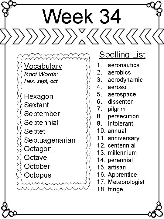 Week 34 Spelling List Vocabulary Root Words: Hex, sept, oct Hexagon Sextant September Septennial