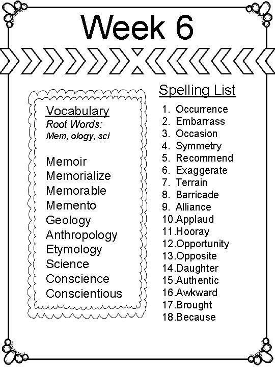 Week 6 Spelling List Vocabulary Root Words: Mem, ology, sci Memoir Memorialize Memorable Memento