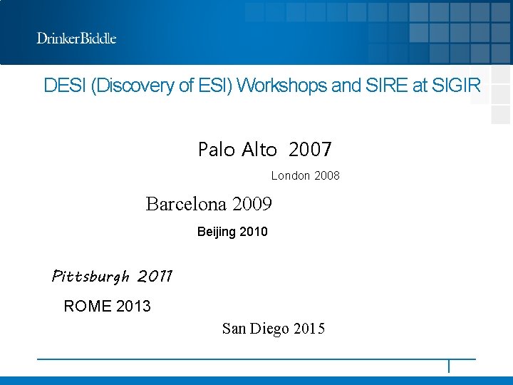 DESI (Discovery of ESI) Workshops and SIRE at SIGIR Palo Alto 2007 London 2008
