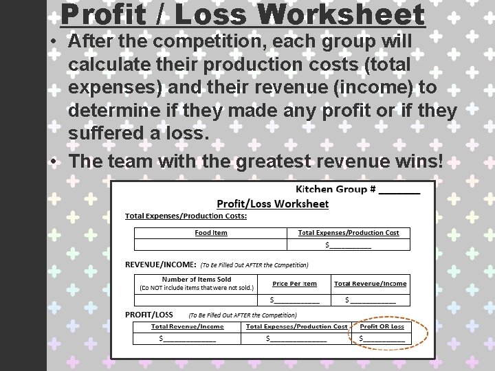 Profit / Loss Worksheet • After the competition, each group will calculate their production