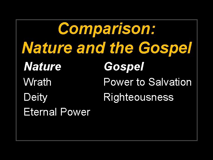 Comparison: Nature and the Gospel Nature Gospel Wrath Deity Eternal Power to Salvation Righteousness