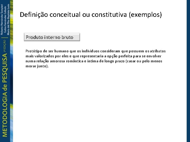 Definição conceitual ou constitutiva (exemplos) Produto interno bruto Protótipo de ser humano que os