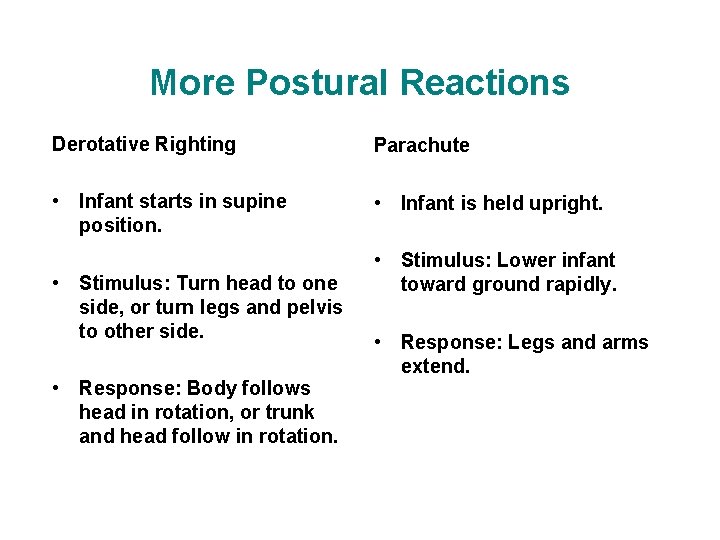 More Postural Reactions Derotative Righting Parachute • Infant starts in supine position. • Infant