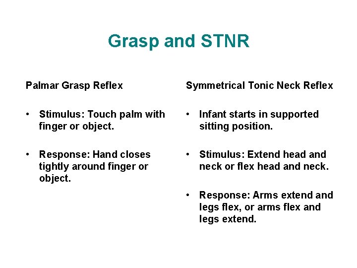 Grasp and STNR Palmar Grasp Reflex Symmetrical Tonic Neck Reflex • Stimulus: Touch palm