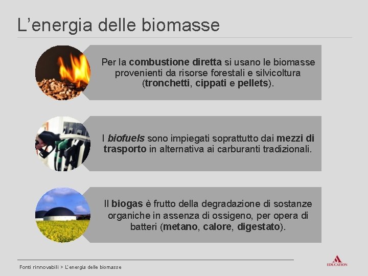 L’energia delle biomasse Per la combustione diretta si usano le biomasse provenienti da risorse