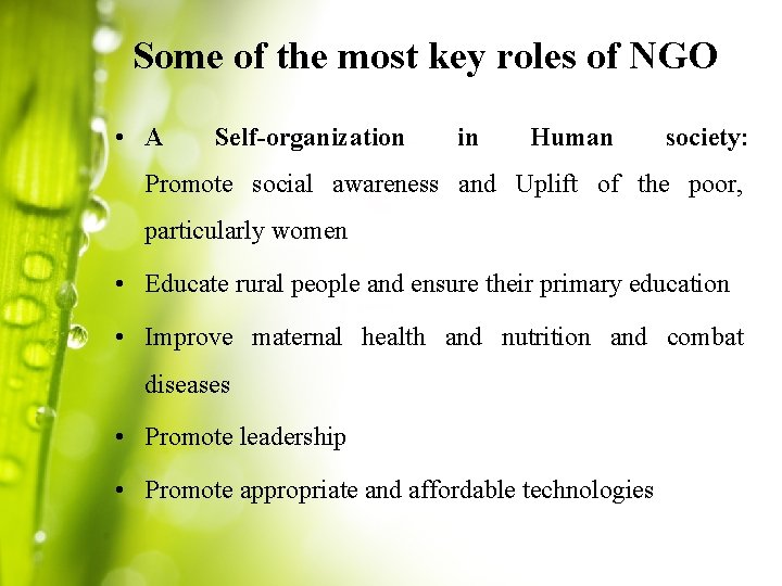 Some of the most key roles of NGO • A Self-organization in Human society: