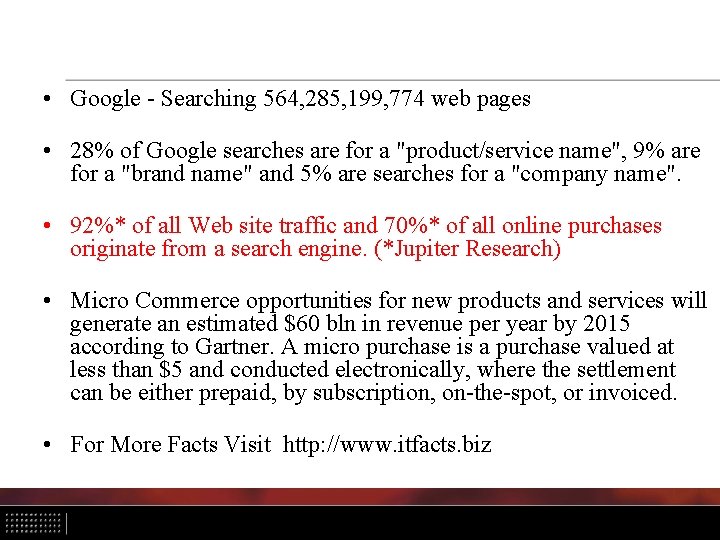 • Google - Searching 564, 285, 199, 774 web pages • 28% of