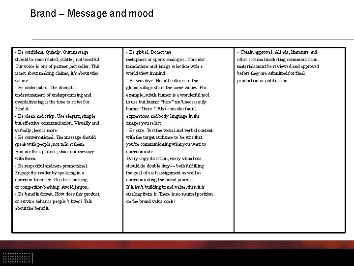 Brand – Message and mood - Be confident. Quietly. Our message should be understated,