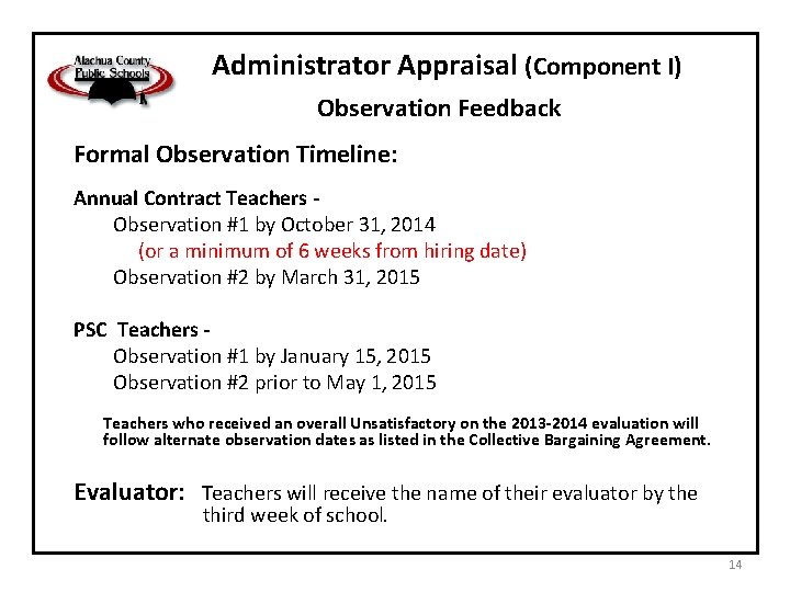 Administrator Appraisal (Component I) Observation Feedback Formal Observation Timeline: Annual Contract Teachers Observation #1