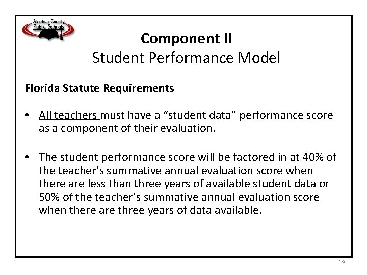 Component II Student Performance Model Florida Statute Requirements • All teachers must have a