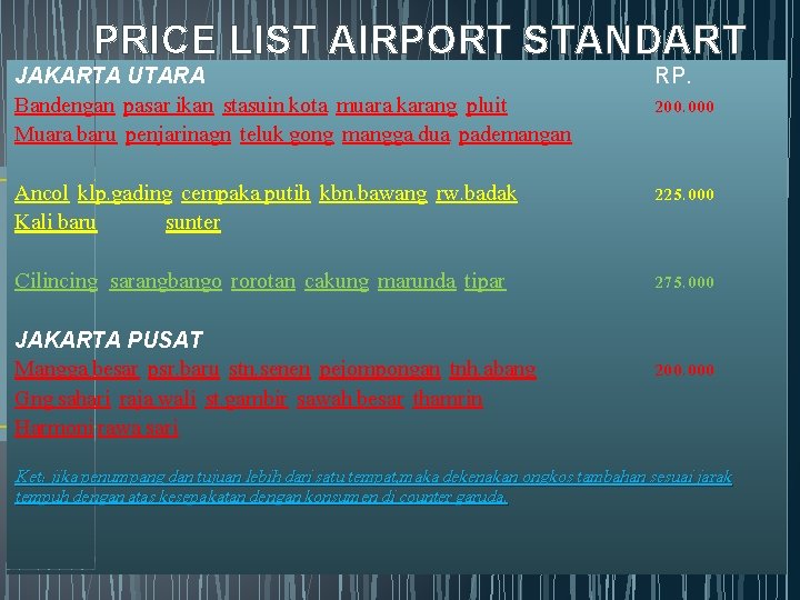 PRICE LIST AIRPORT STANDART JAKARTA UTARA Bandengan pasar ikan stasuin kota muara karang pluit