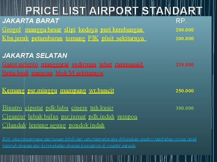 PRICE LIST AIRPORT STANDART JAKARTA BARAT Grogol mangga besar slipi kedoya puri kembangan Kbn.