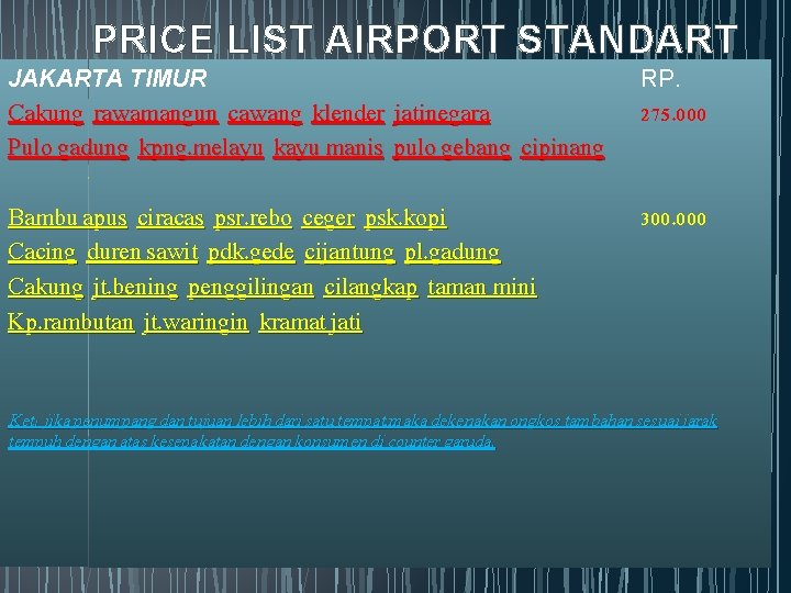 PRICE LIST AIRPORT STANDART JAKARTA TIMUR Cakung rawamangun cawang klender jatinegara Pulo gadung kpng.