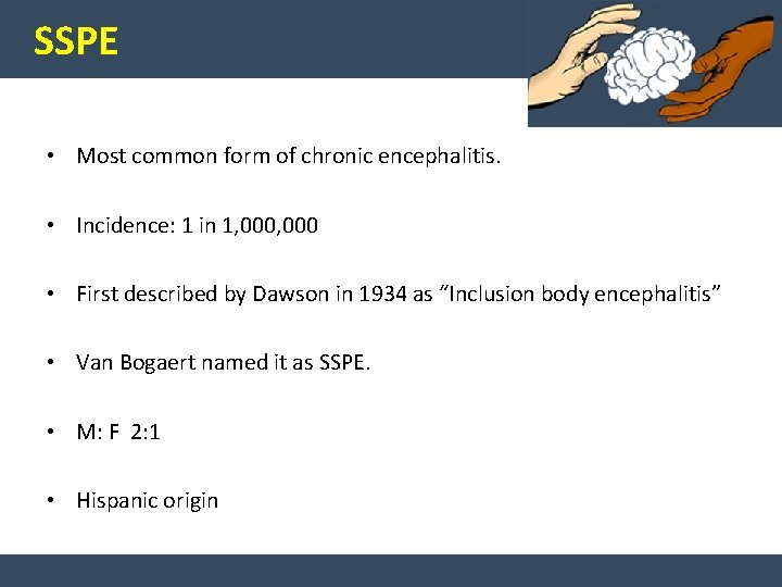 SSPE • Most common form of chronic encephalitis. • Incidence: 1 in 1, 000