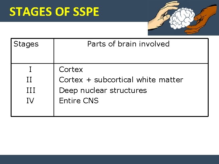 STAGES OF SSPE Stages I II IV Parts of brain involved Cortex + subcortical