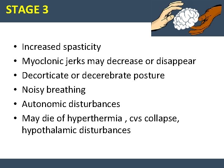 STAGE 3 • • • Increased spasticity Myoclonic jerks may decrease or disappear Decorticate