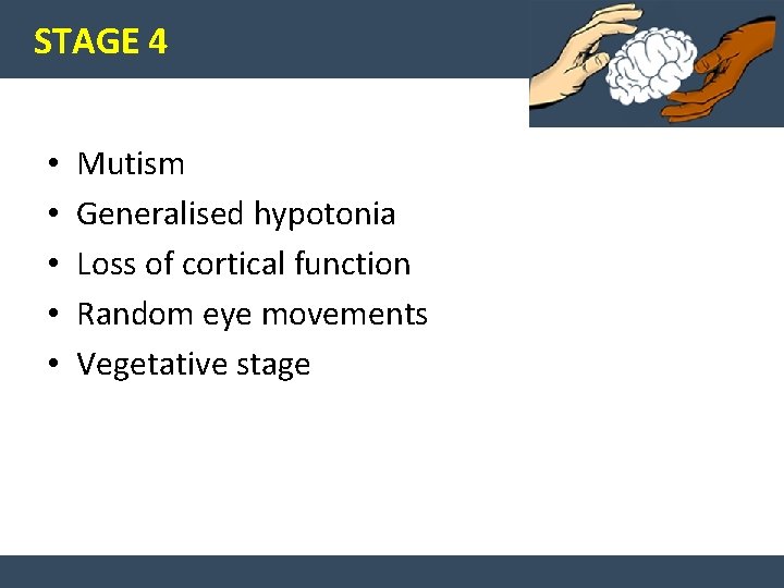 STAGE 4 • • • Mutism Generalised hypotonia Loss of cortical function Random eye