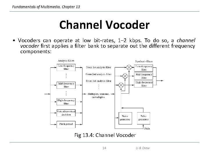 Fundamentals of Multimedia, Chapter 13 Channel Vocoder • Vocoders can operate at low bit-rates,