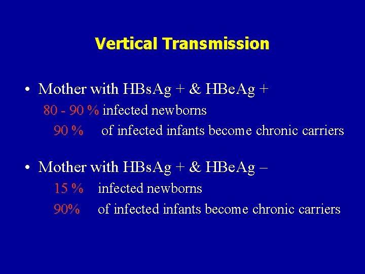 Vertical Transmission • Mother with HBs. Ag + & HBe. Ag + 80 -
